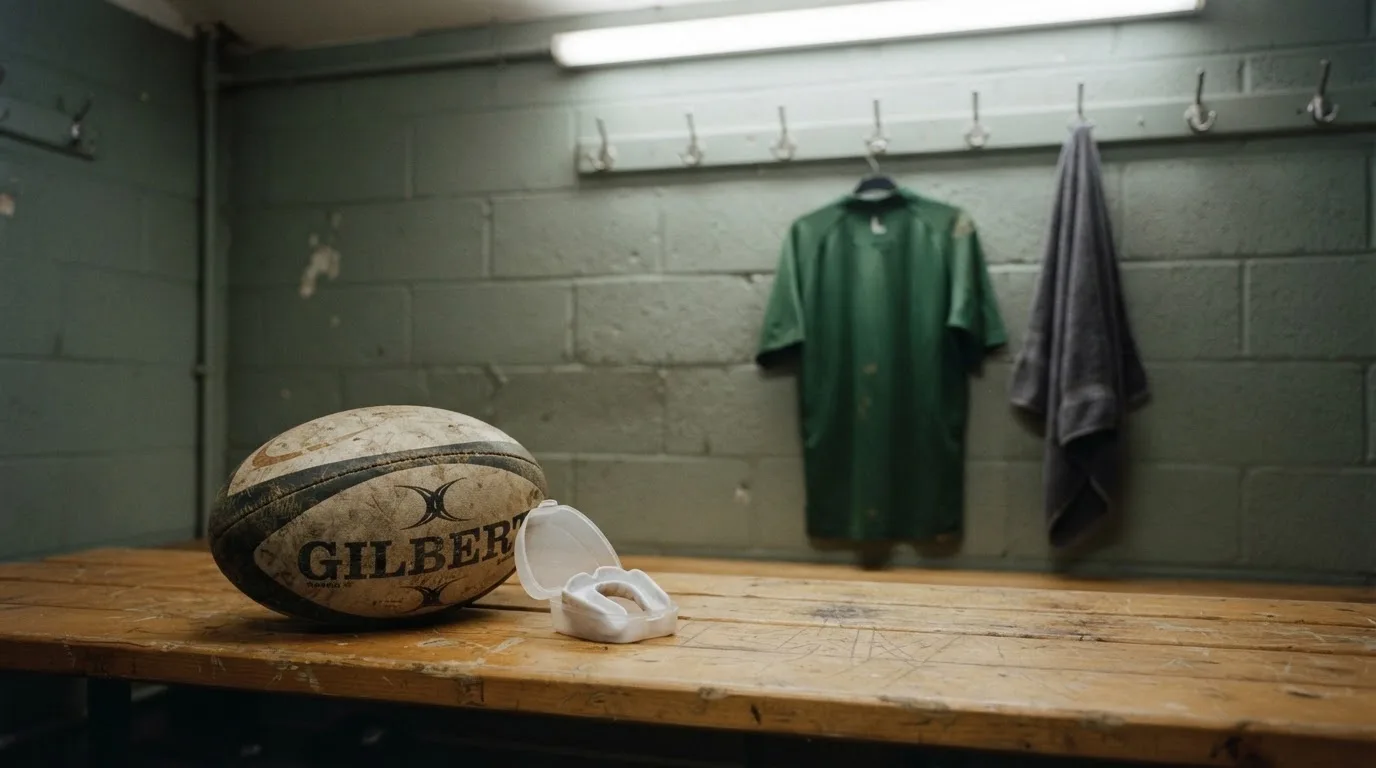 Ein Rugbyball und ein Mundschutz liegen auf einer Holzbank neben einer Reihe Kleiderhaken in einer Umkleide.