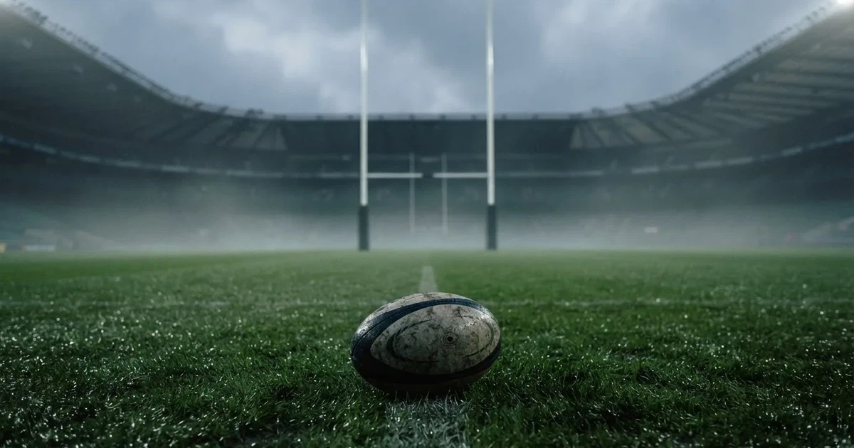 Ein ovaler Rugbyball liegt vor den hohen Torstangen auf nassem Rasen, über dem Stadion zieht Nebel auf.
