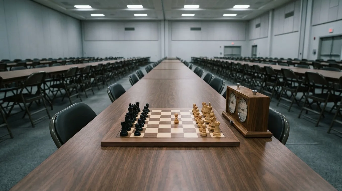 Ein Schachbrett und eine Schachuhr stehen auf einem Tisch in einem leeren Turniersaal, die Stühle sind ordentlich zurückgeschoben.