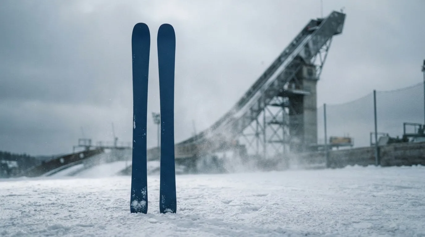 Ein Paar Skier steckt aufrecht im Schnee neben einem Anlaufturm, im Hintergrund wirbelt feiner Schnee im Wind.