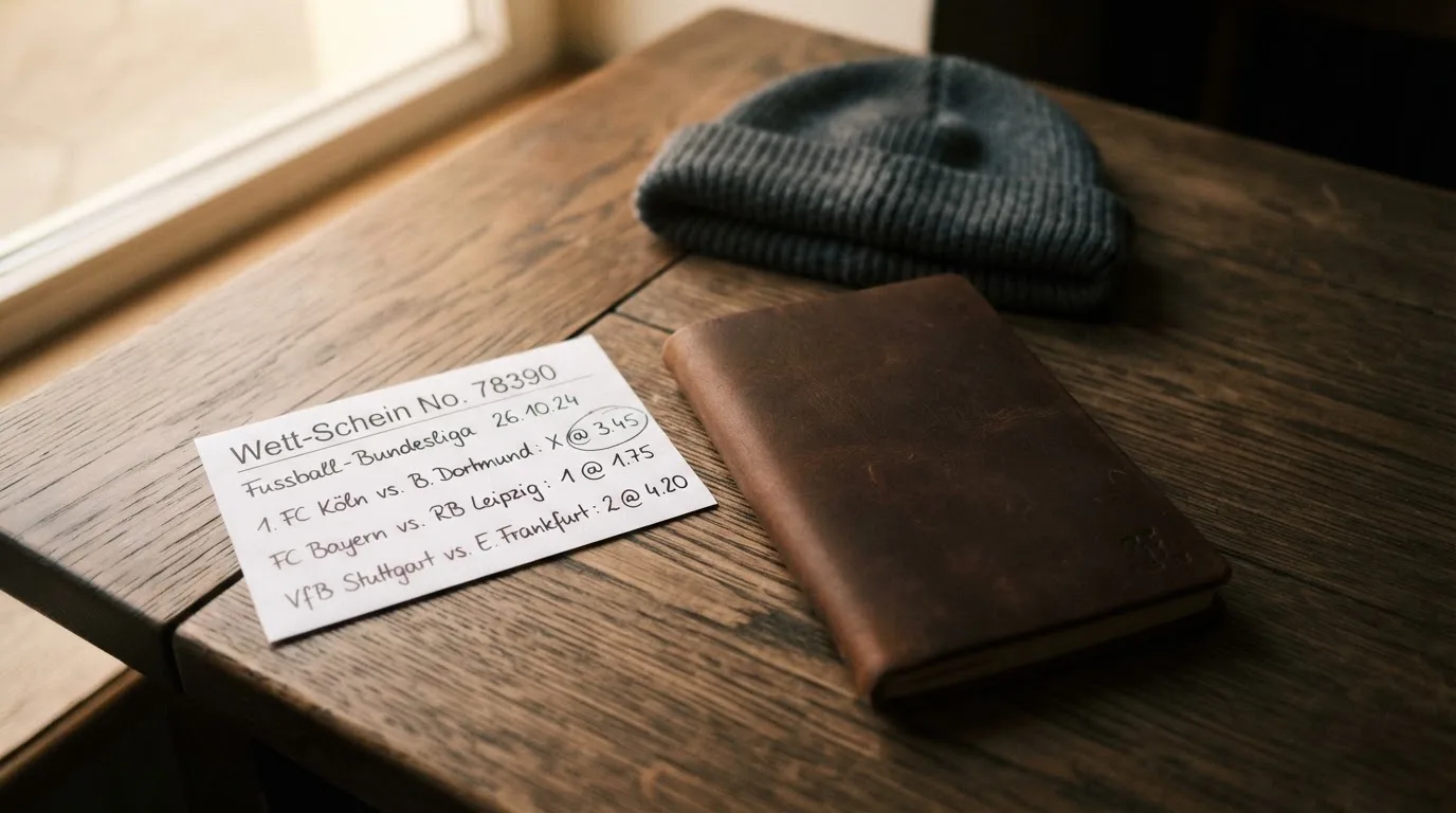 Ein leerer Wettschein aus Papier und ein Notizbuch liegen neben einer Wollmütze auf einem Holztisch.