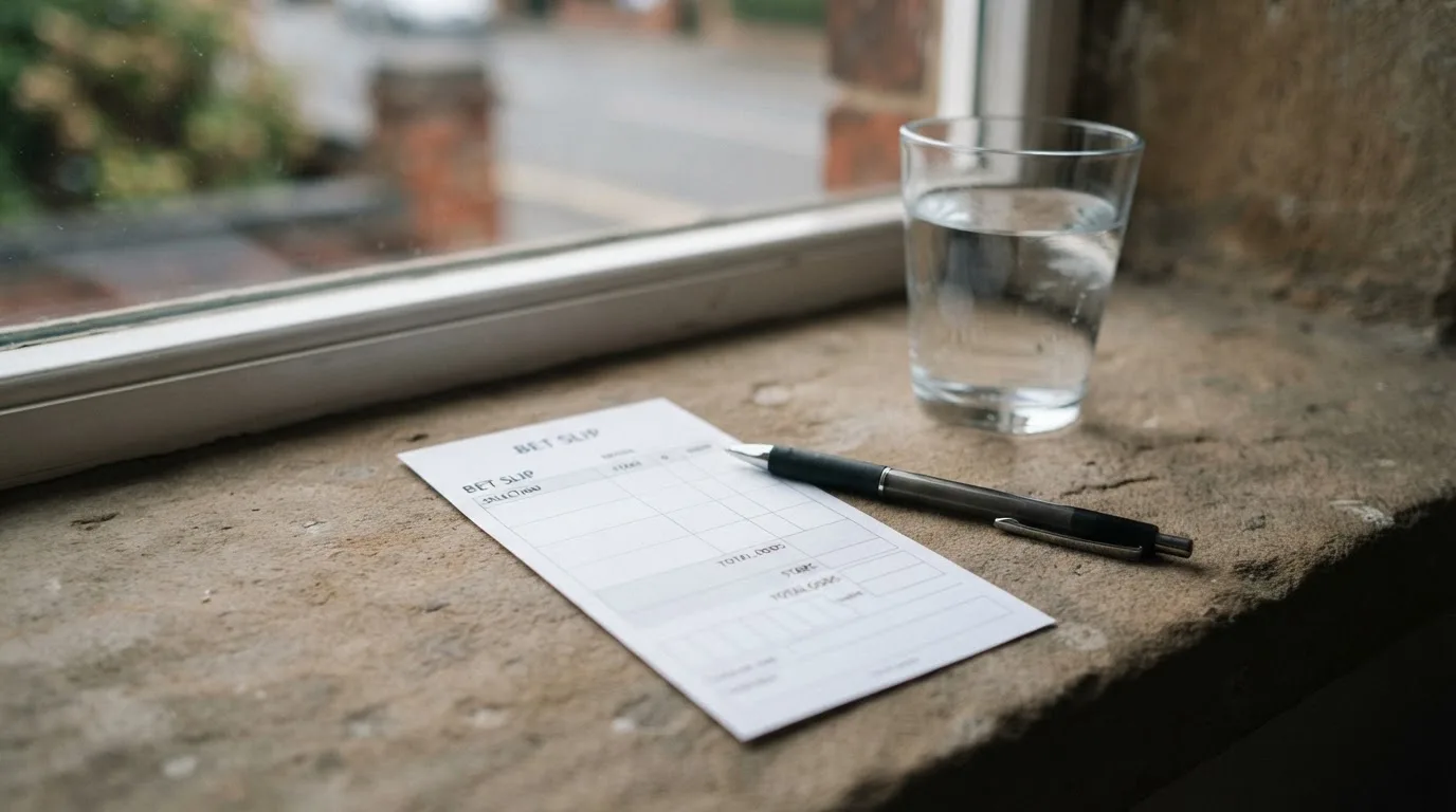 Ein leerer Wettschein aus Papier und ein Kugelschreiber liegen neben einem Glas Wasser auf einer Fensterbank.