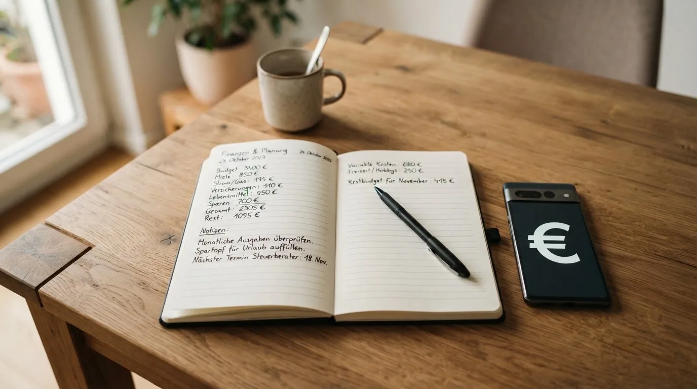Ein aufgeschlagenes Notizbuch mit handschriftlichen Rechnungen liegt neben Stift und Smartphone auf einem Holztisch im Tageslicht.