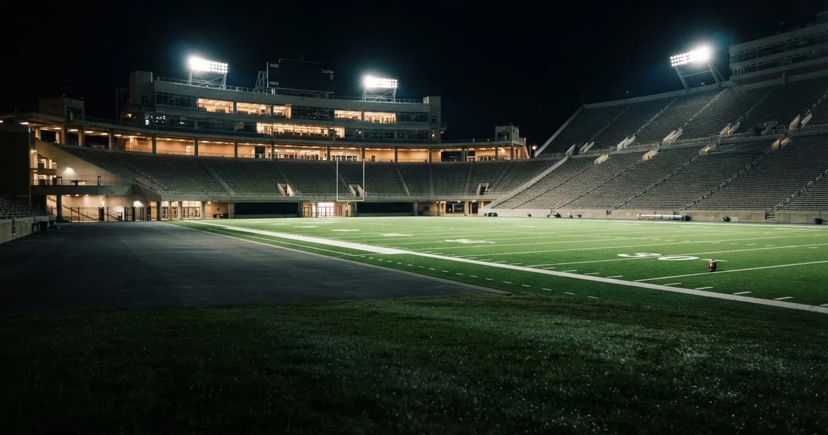 Ein Footballstadion bei Flutlicht aus der Ferne gesehen, davor ein leerer Rasen mit Yard-Linien und ein ovaler Ball am Spielfeldrand.