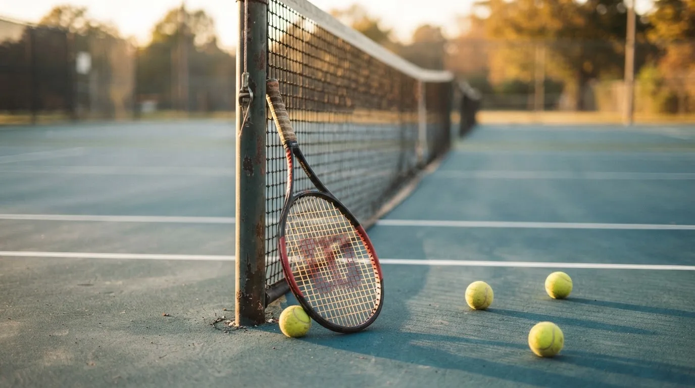 Ein Tennisschläger lehnt an einem Netzpfosten, daneben liegen drei Bälle auf einem Hartplatz in warmem Nachmittagslicht.