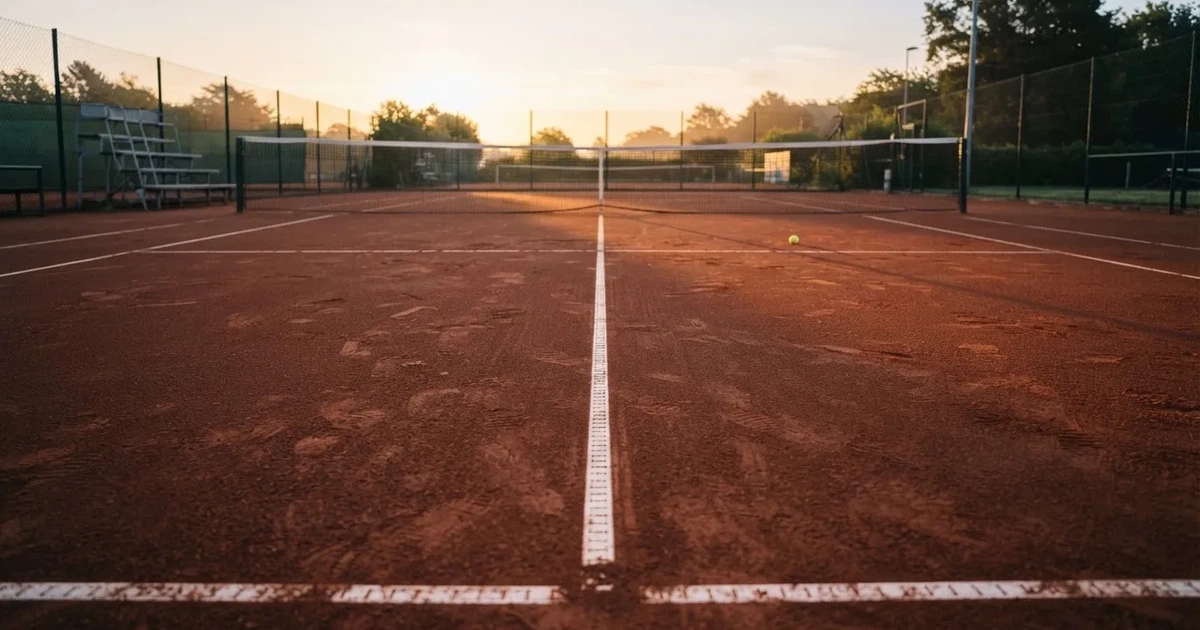 Ein Sandplatz am frühen Morgen mit frisch gezogenen Linien, einem Netz in der Mitte und einem gelben Ball auf der Grundlinie.