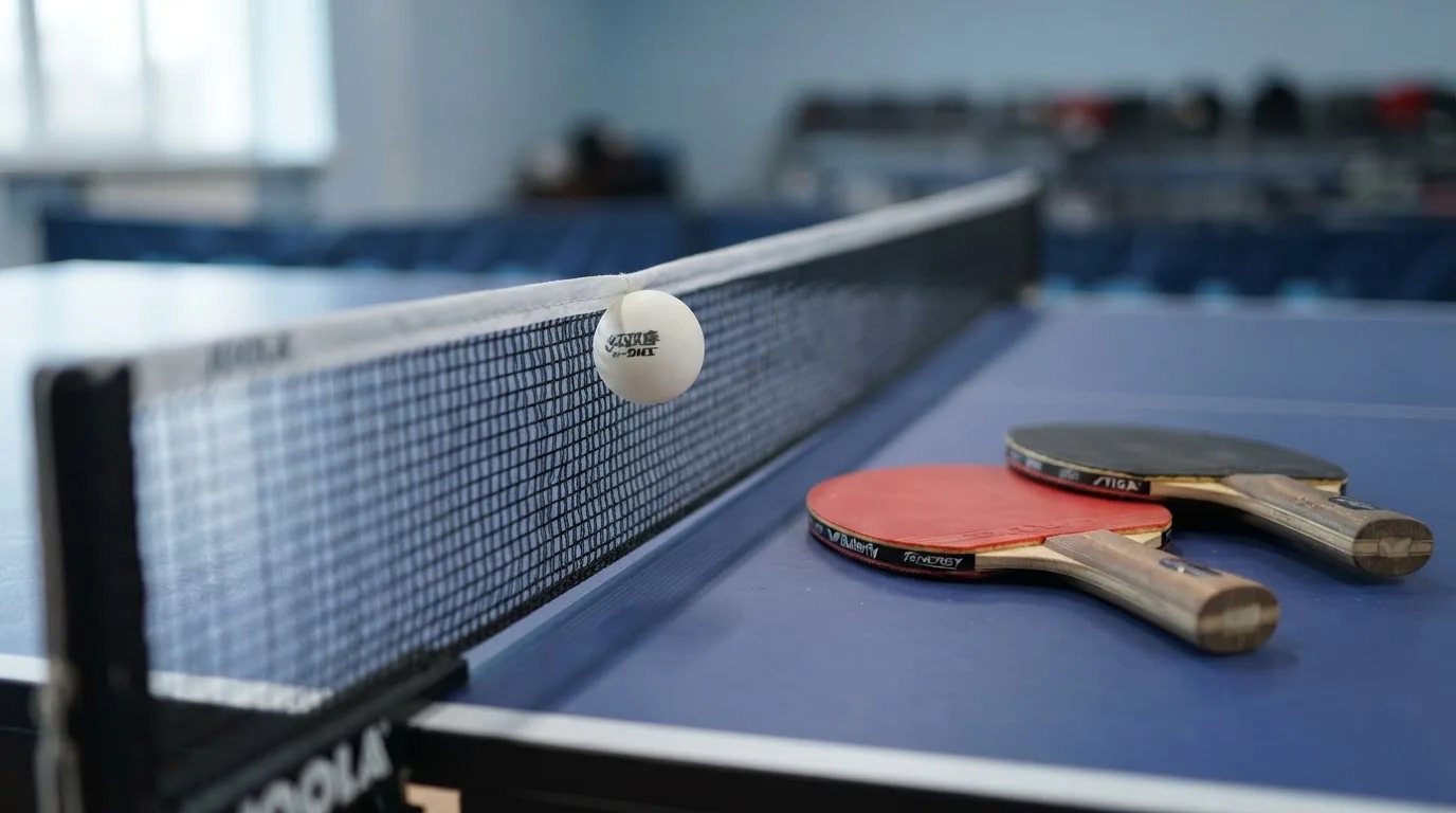 Ein weißer Ball liegt in Nahaufnahme auf der Netzkante einer Tischtennisplatte, daneben zwei Holzschläger mit rotem und schwarzem Belag.