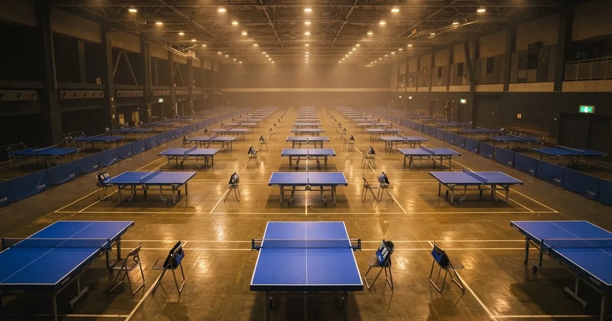 Eine Tischtennishalle aus erhöhter Perspektive mit mehreren blauen Tischen in Reihen unter gedämpftem Hallenlicht, ohne Personen.