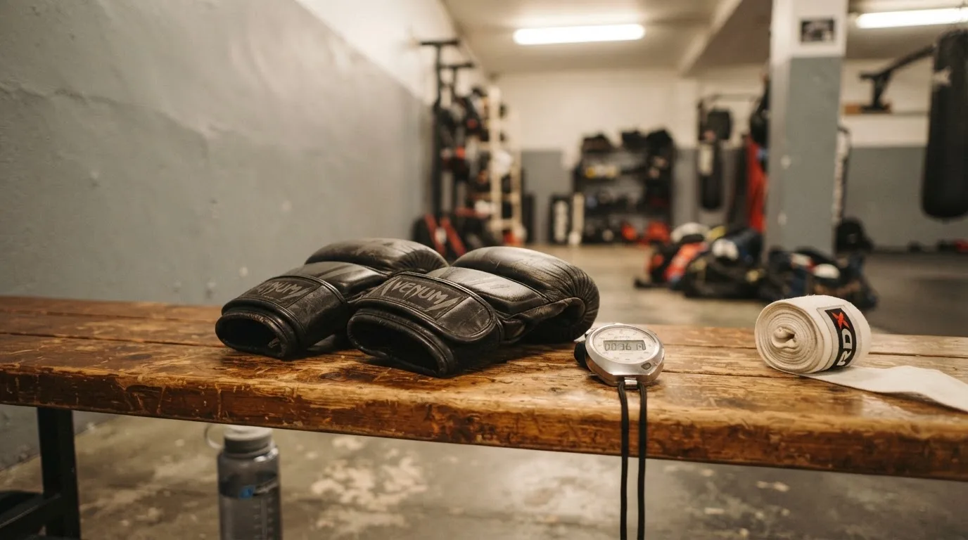 Ein Paar Kampfhandschuhe und eine Stoppuhr liegen auf einer Bank im Trainingsraum neben einer aufgerollten Handbandage.