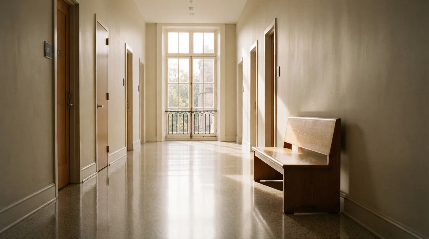 Ein heller Flur in einem Verwaltungsgebäude mit einer leeren Holzbank und einem Fenster, durch das Morgenlicht fällt.