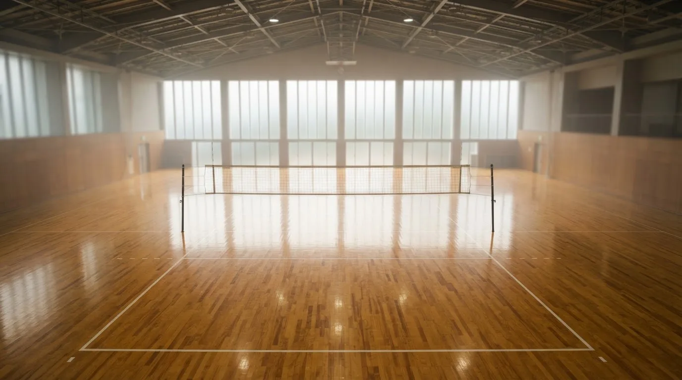 Eine leere Sporthalle mit gespanntem Volleyballnetz und glänzendem Parkett, durch hohe Fenster fällt Tageslicht.