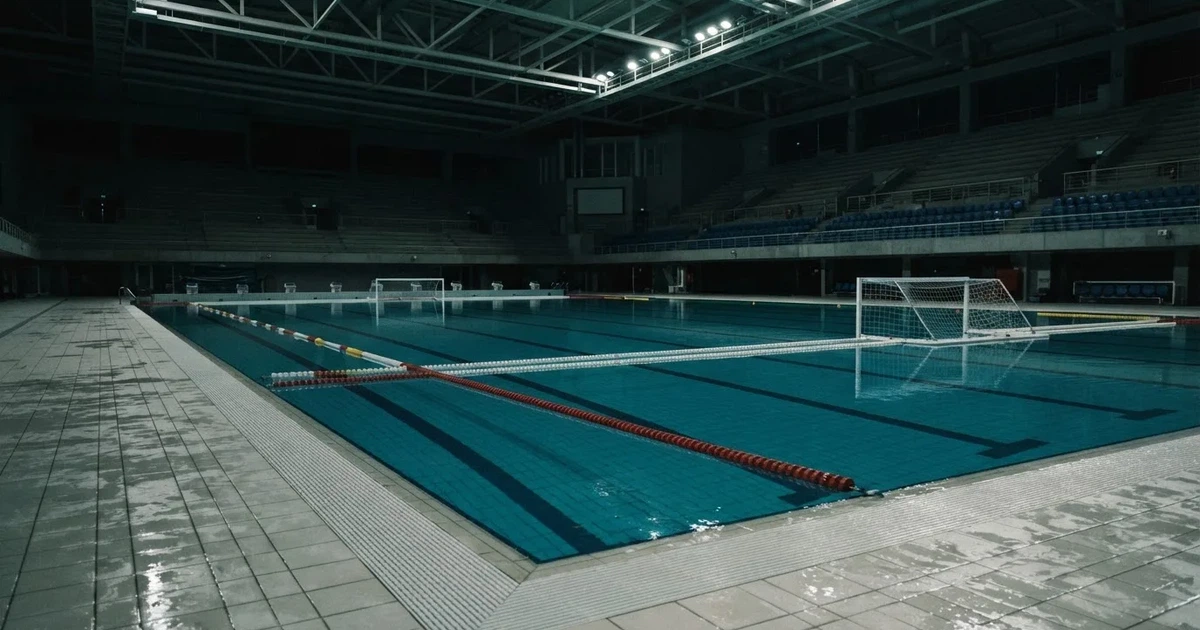 Ein Schwimmbecken mit türkisfarbenem Wasser und zwei schwimmenden Torrahmen am gegenüberliegenden Beckenrand, menschenleer unter Hallenlicht.