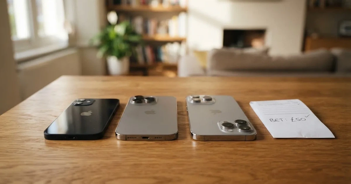 Mehrere Smartphones unterschiedlicher Größe liegen nebeneinander auf einem Holztisch, die Bildschirme sind dunkel.