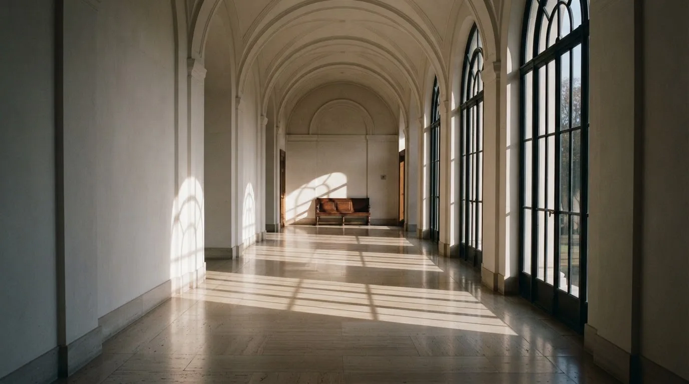 Ein leerer Amtsflur mit hohen Fenstern und glänzendem Steinboden, durch die Fenster fällt das Licht eines Vormittags.