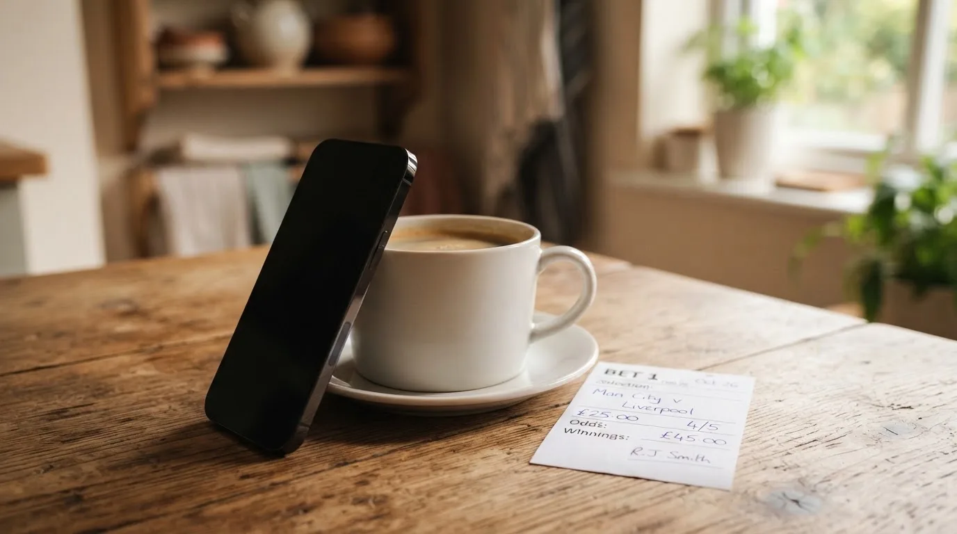 Ein Smartphone mit dunklem Bildschirm lehnt an einer Kaffeetasse auf einem Holztisch, daneben ein blanker Papier-Wettschein.