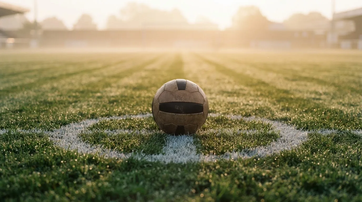 Ein Fußball liegt auf dem Anstoßpunkt eines Rasenplatzes im ersten Morgenlicht, Tau glänzt auf dem Gras.
