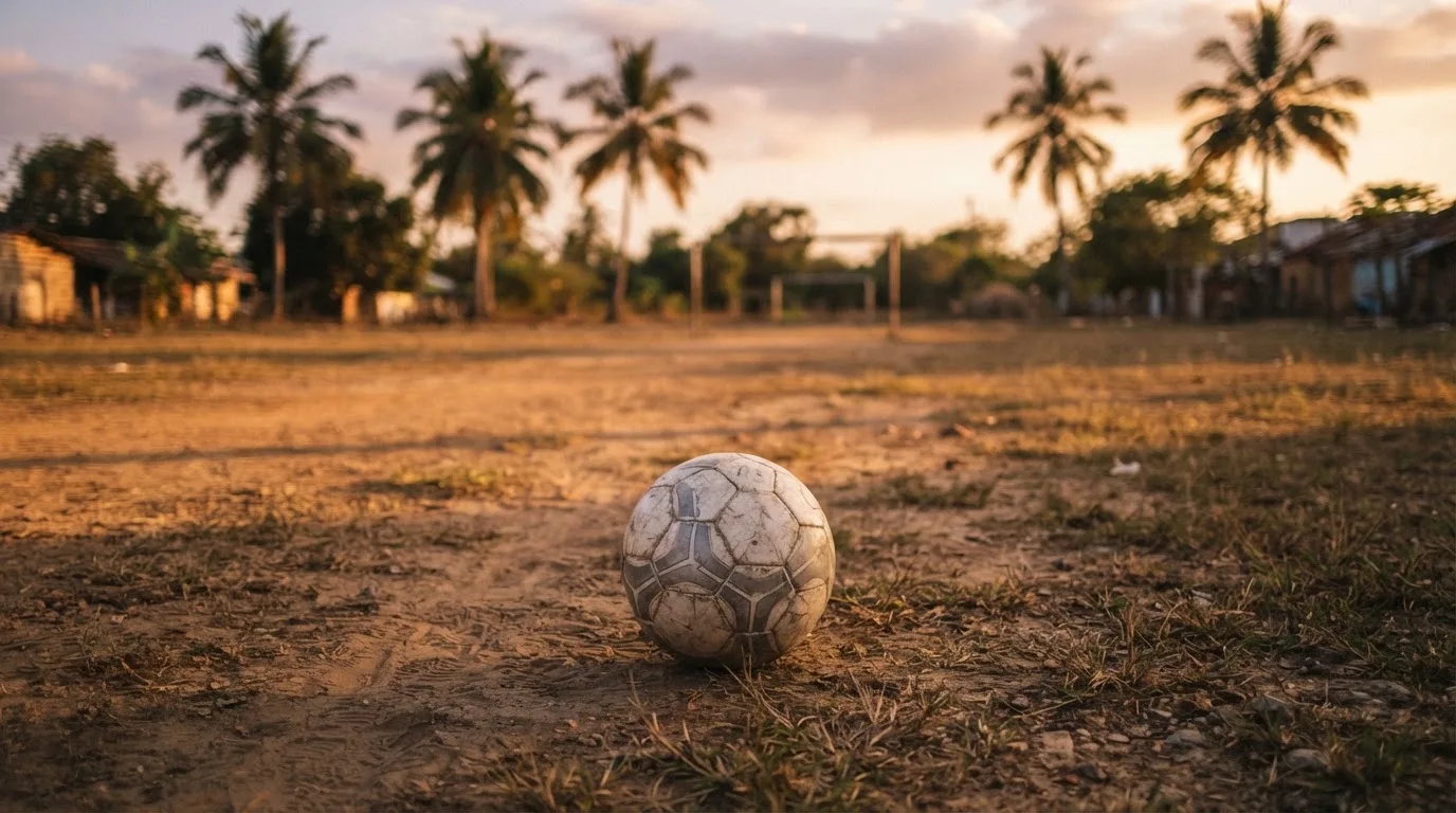 Ein Fußball liegt auf einem staubigen Bolzplatz mit Palmen im Hintergrund in warmem Abendlicht.