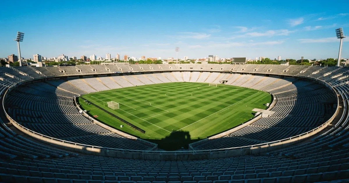 Ein Fußballstadion mit hellen Rängen unter strahlend blauem Himmel, davor ein sonnenbeschienener Rasen mit frisch gemähten Streifen.