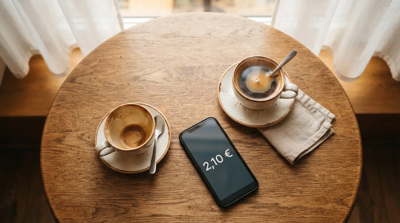 Zwei Kaffeetassen und ein dunkles Smartphone stehen auf einem Café-Tisch am Fenster im Morgenlicht.