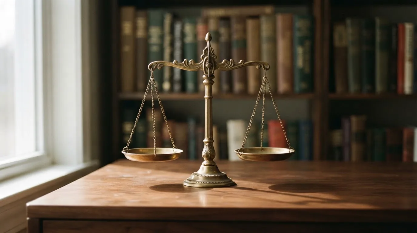 Eine Messingwaage steht auf einem dunklen Holztisch, dahinter eine unscharfe Regalwand mit geschlossenen Büchern.