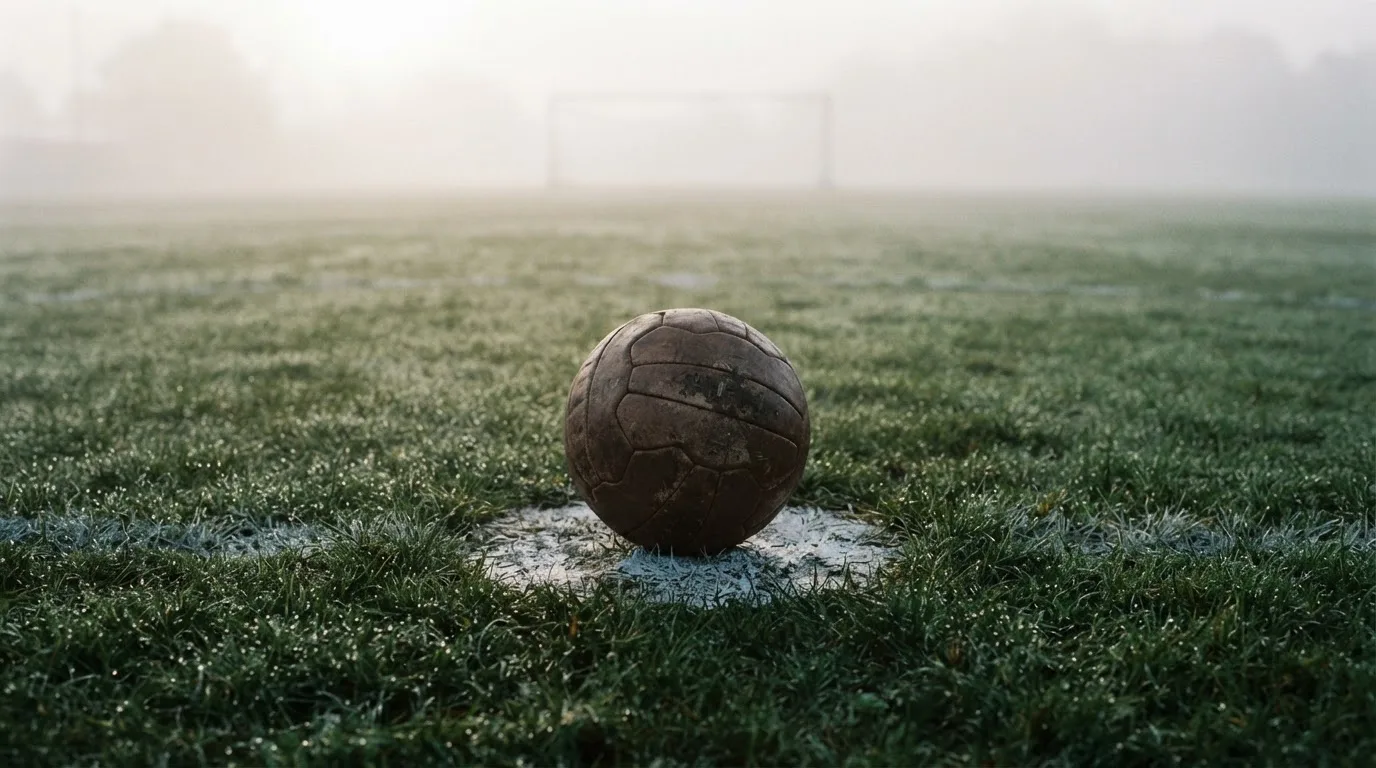 Ein abgewetzter Fußball liegt auf dem Anstoßkreis eines Naturrasens im Morgennebel.