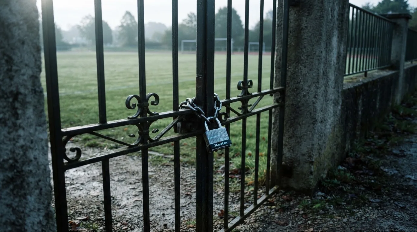Ein geschlossenes Tor an einem Zaun mit Vorhängeschloss im Morgenlicht, dahinter ein einfacher Sportplatz.
