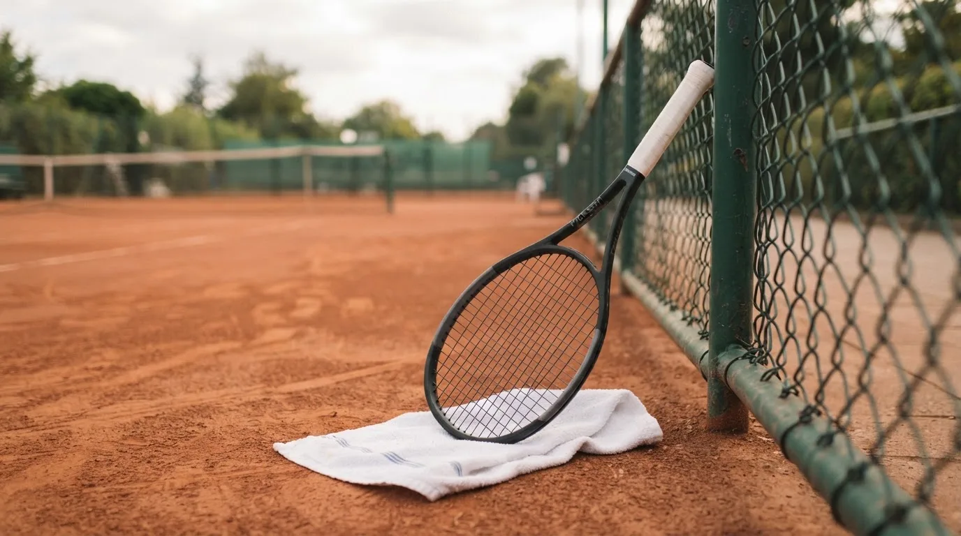 Ein Tennisschläger lehnt an einer dunkelgrünen Bande ohne Aufschrift auf einem Sandplatz, daneben liegt ein Handtuch.