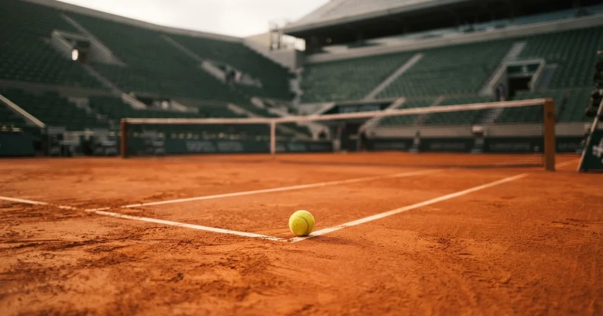 Ein Sandplatz mit rötlichem Belag und gezogenen weißen Linien, ein einzelner Tennisball liegt neben der Linie, im Hintergrund eine leere Tribüne.