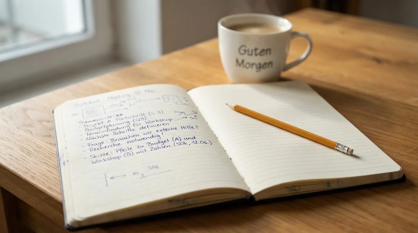 Ein aufgeschlagenes Notizbuch mit handschriftlichen Skizzen liegt neben einem Bleistift auf einem Holztisch, daneben eine Tasse Kaffee.