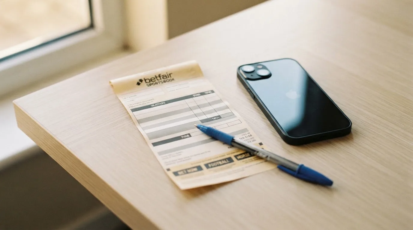 Ein leerer Papier-Wettschein liegt neben einem Smartphone mit dunklem Display auf einer hellen Tischplatte, daneben ein Kugelschreiber.