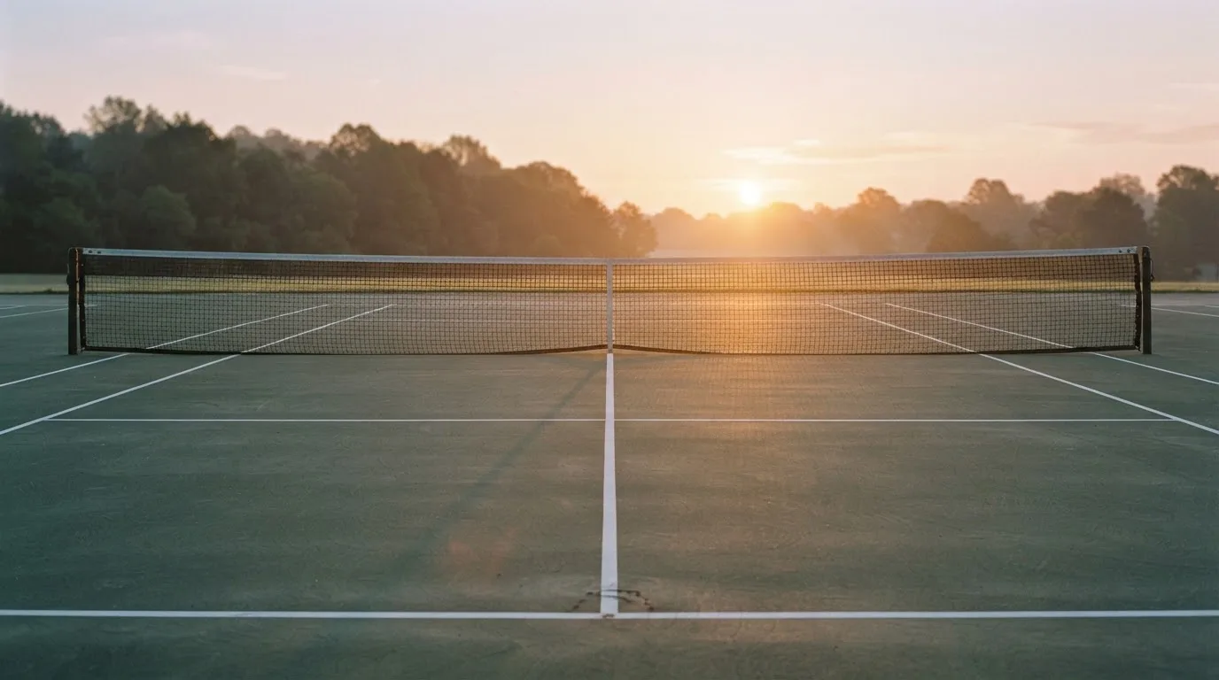 Ein Tennisplatz bei Sonnenaufgang, Netz und Grundlinien im weichen Licht, niemand ist zu sehen.