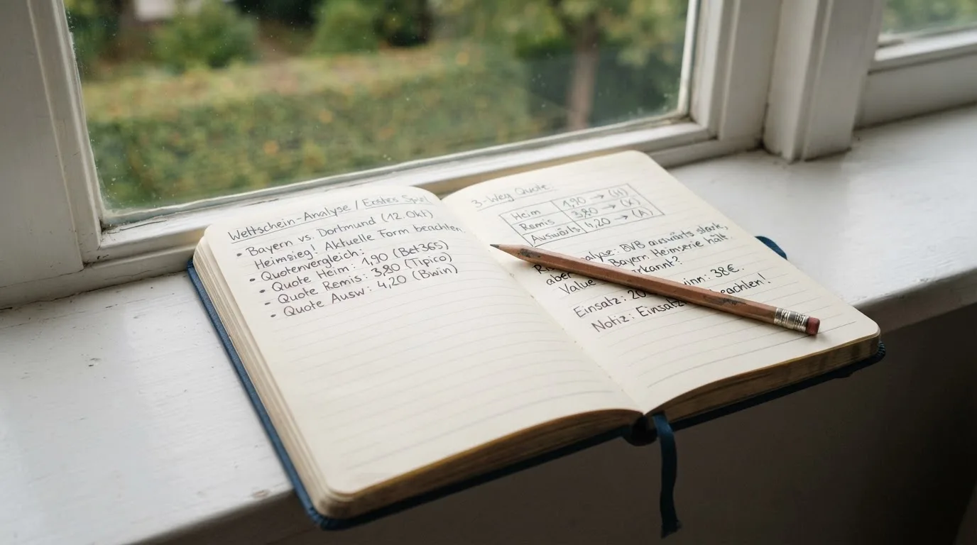 Ein aufgeschlagenes Notizbuch mit handschriftlichen Skizzen und ein Bleistift liegen auf einer Fensterbank im Tageslicht.