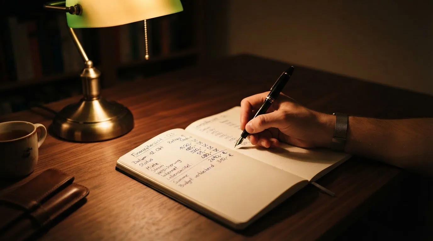 Ein Taschenrechner und ein Notizbuch mit handschriftlichen Zahlenreihen liegen auf einem Schreibtisch unter einer Lampe.