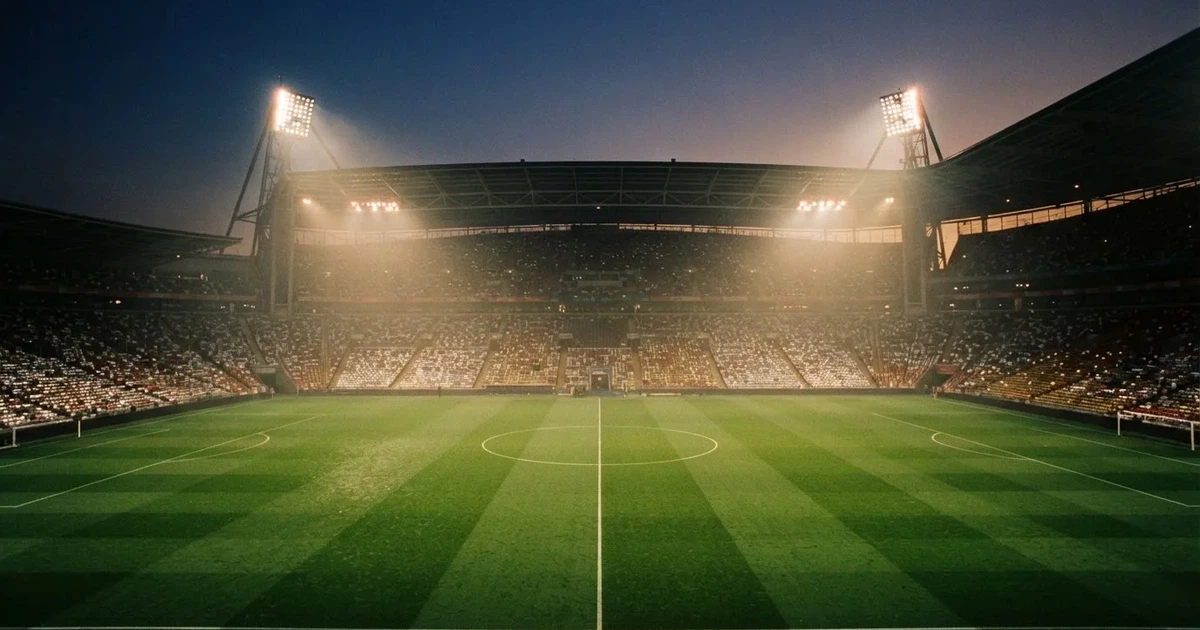 Ein leeres Stadion unter Flutlicht aus großer Entfernung gesehen, Dunst liegt über dem Rasen, die Tribünen sind nur als Lichtpunkte erkennbar.