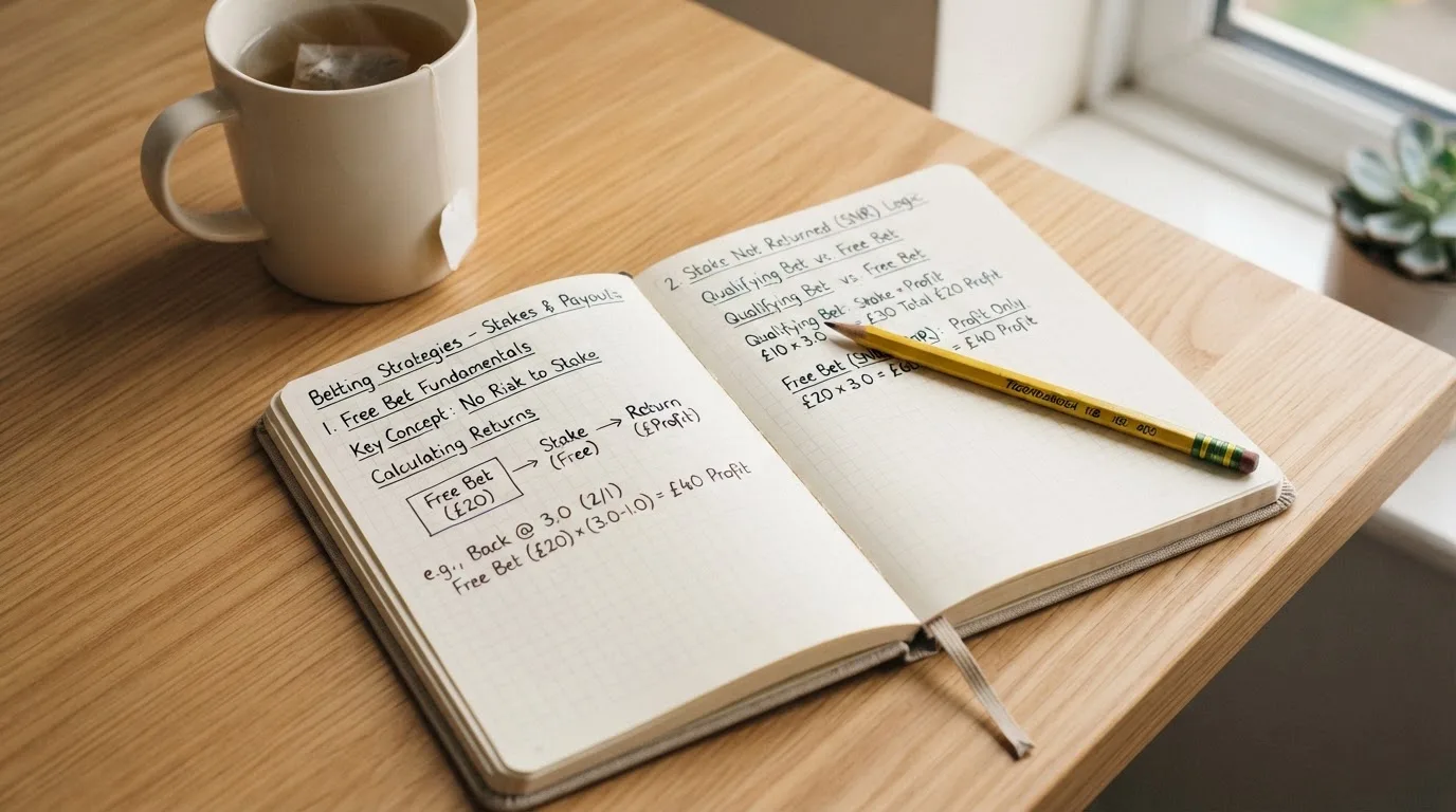 Ein aufgeschlagenes Notizbuch mit handschriftlichen Skizzen und ein Bleistift liegen auf einem Schreibtisch neben einer Tasse Tee.