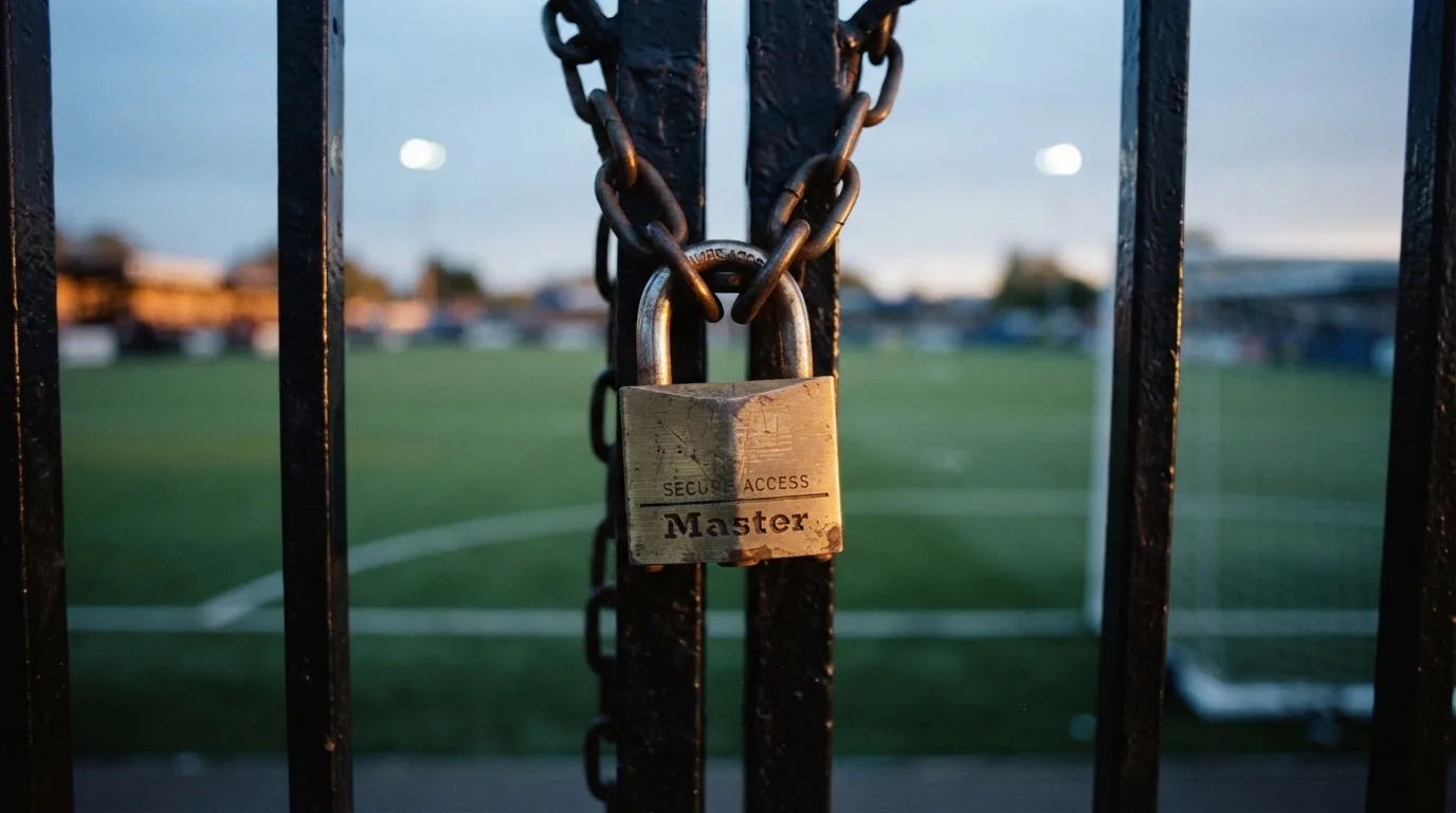 Ein Vorhängeschloss hängt an einem Metalltor in der Dämmerung, im Hintergrund unscharf ein Fußballplatz.