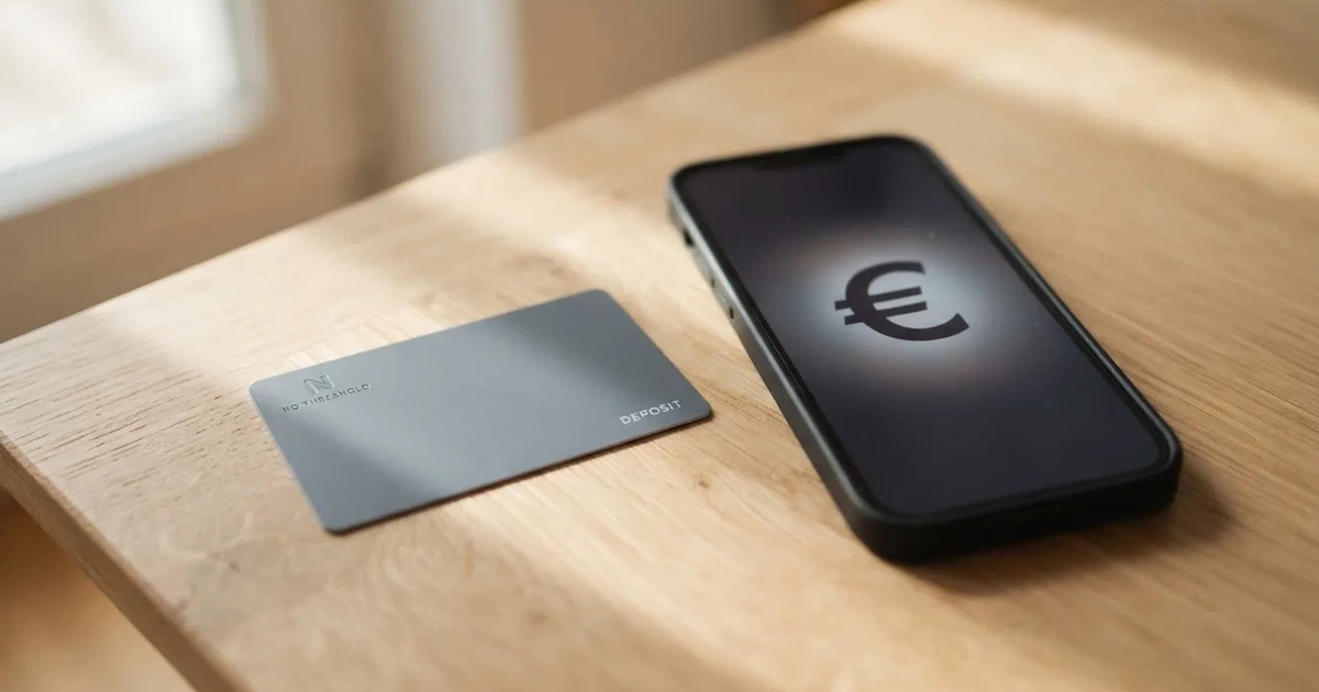 Eine Plastikkarte ohne Aufdruck liegt neben Münzen und einem Smartphone mit dunklem Display auf einem hellen Tisch.