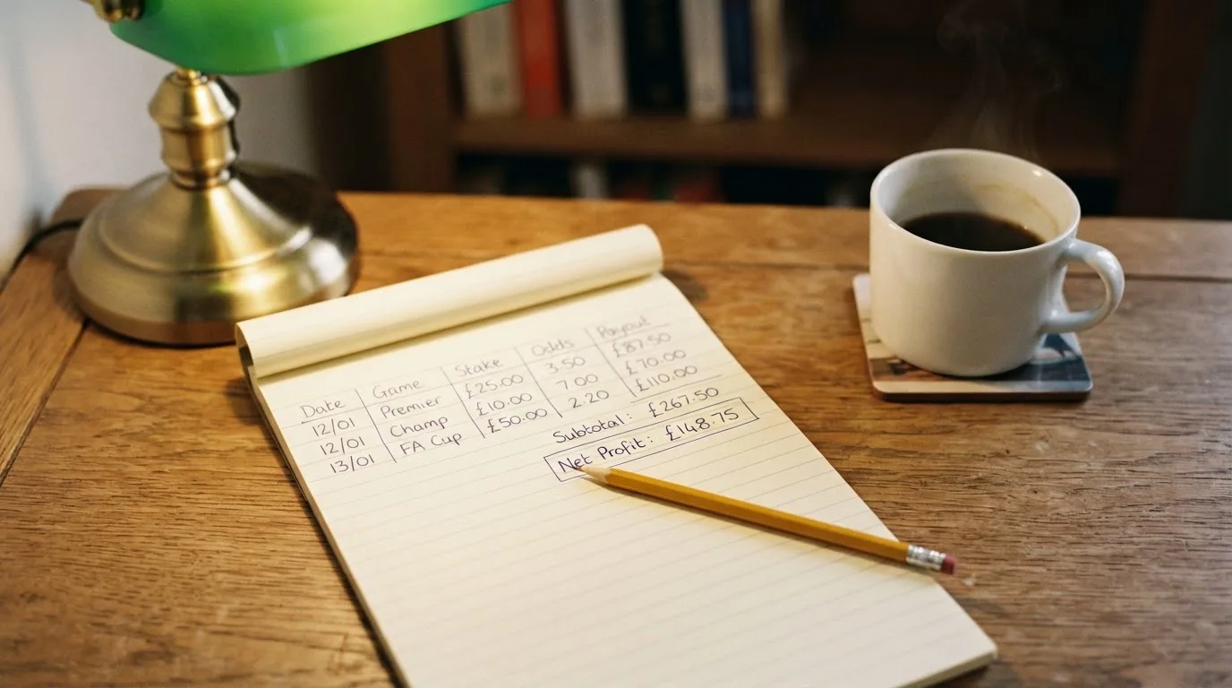 Ein Taschenrechner und ein Bleistift liegen auf einem Schreibtisch neben einer Tasse Kaffee im Licht einer Lampe.