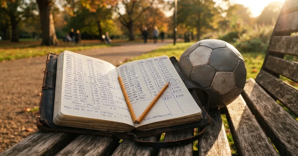 Ein Notizbuch mit handschriftlichen Zahlenkolonnen und ein Bleistift liegen neben einem Fußball auf einer Holzbank.