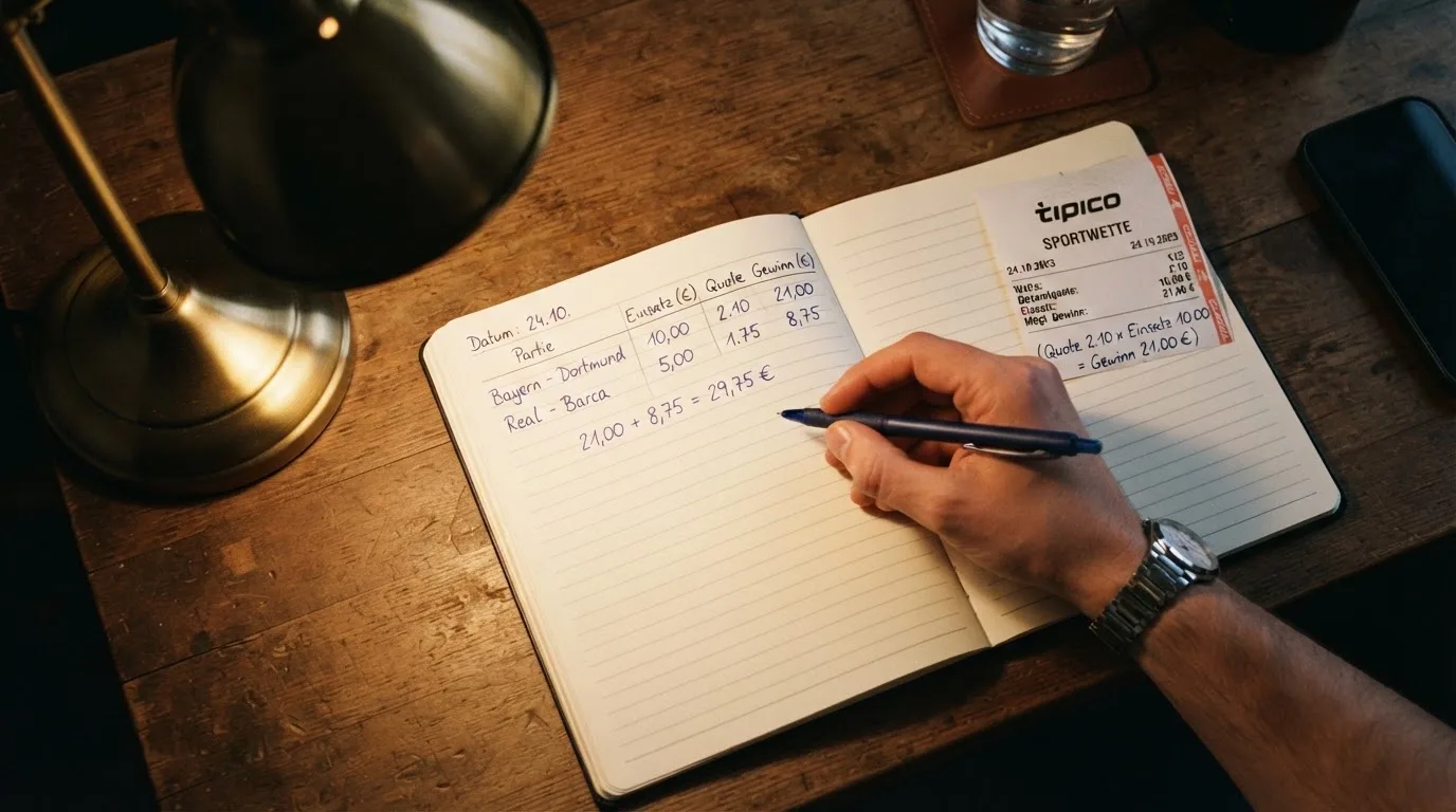 Ein Taschenrechner und ein aufgeschlagenes Notizbuch mit handschriftlichen Zahlenreihen liegen unter einer Schreibtischlampe.