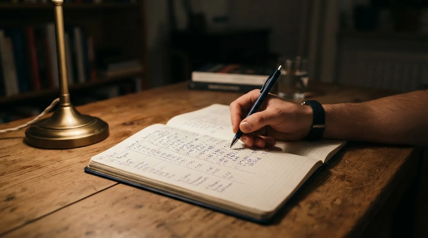 Ein Taschenrechner und ein aufgeschlagenes Notizbuch mit handschriftlichen Zahlenreihen liegen unter einer Schreibtischlampe.