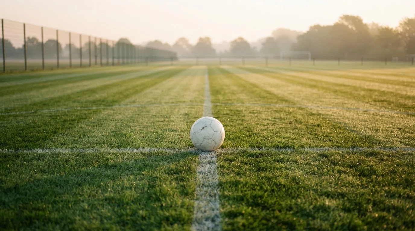 Ein Fußball liegt allein auf dem Anstoßpunkt eines leeren Rasenplatzes im Morgenlicht, am Rand ein niedriger Zaun.