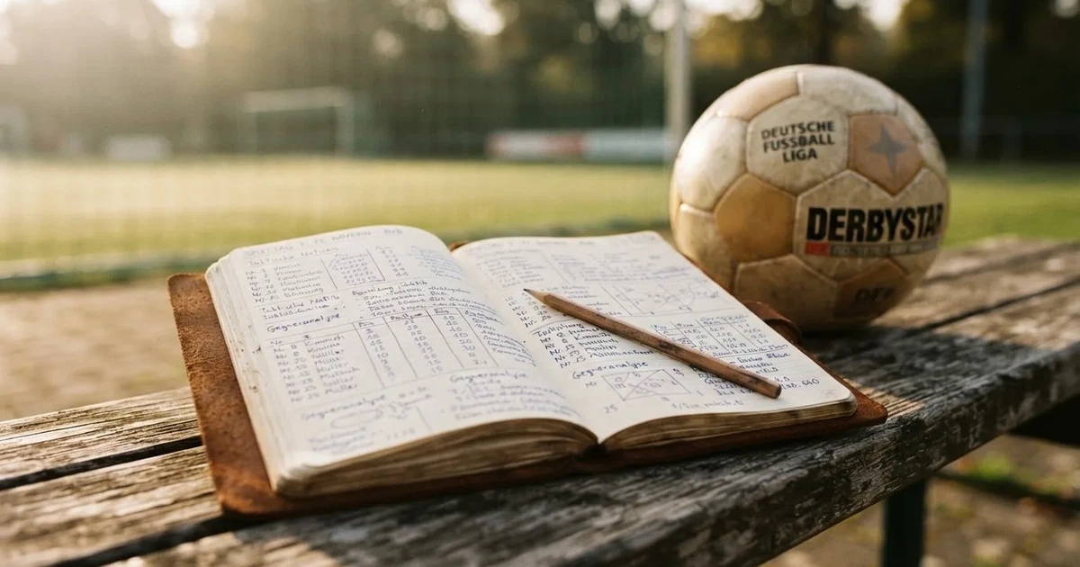 Ein Notizbuch mit handschriftlichen Zahlenkolonnen und ein Bleistift liegen neben einem Fußball auf einer Holzbank.