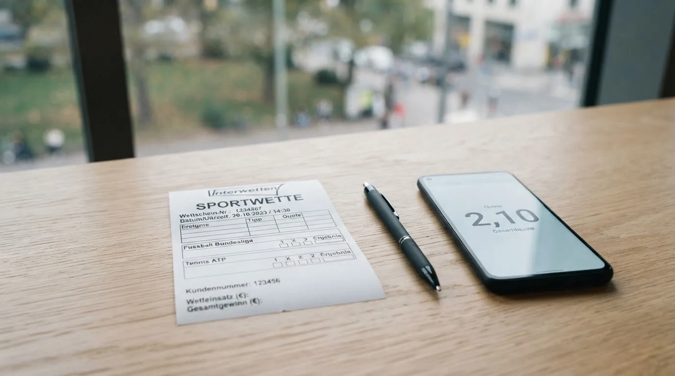 Ein leerer Papier-Wettschein und ein Kugelschreiber liegen neben einem Smartphone mit dunklem Display auf einem Tisch am Fenster.