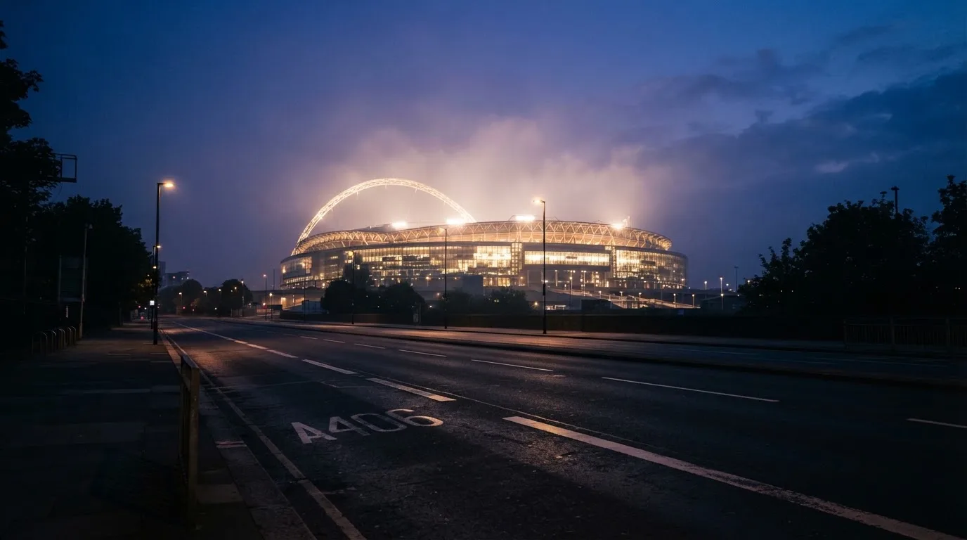 Ein Stadion unter Flutlicht aus der Ferne gesehen, davor eine leere Straße in der Abenddämmerung mit leichtem Dunst.