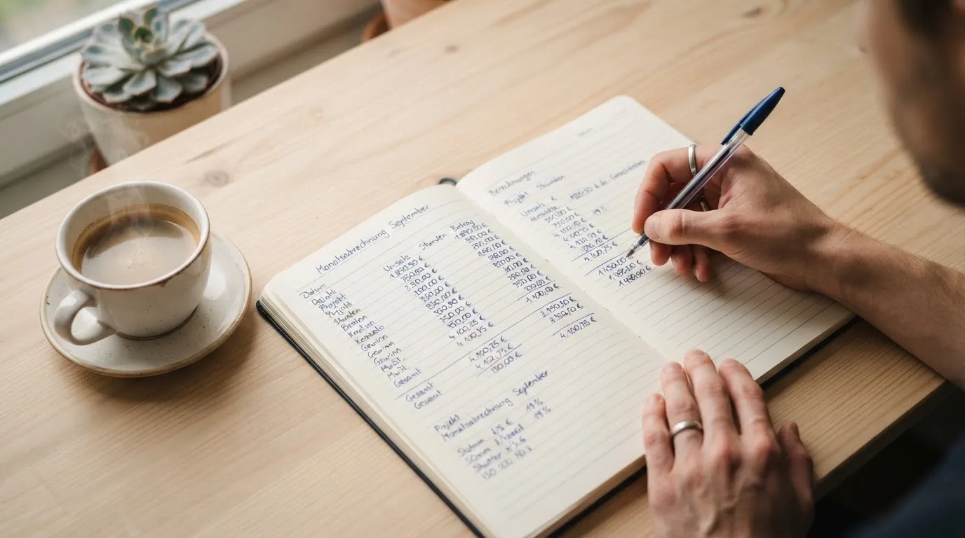 Ein Notizbuch mit handschriftlichen Rechnungen und ein Taschenrechner liegen auf einem hellen Schreibtisch neben einer Kaffeetasse.