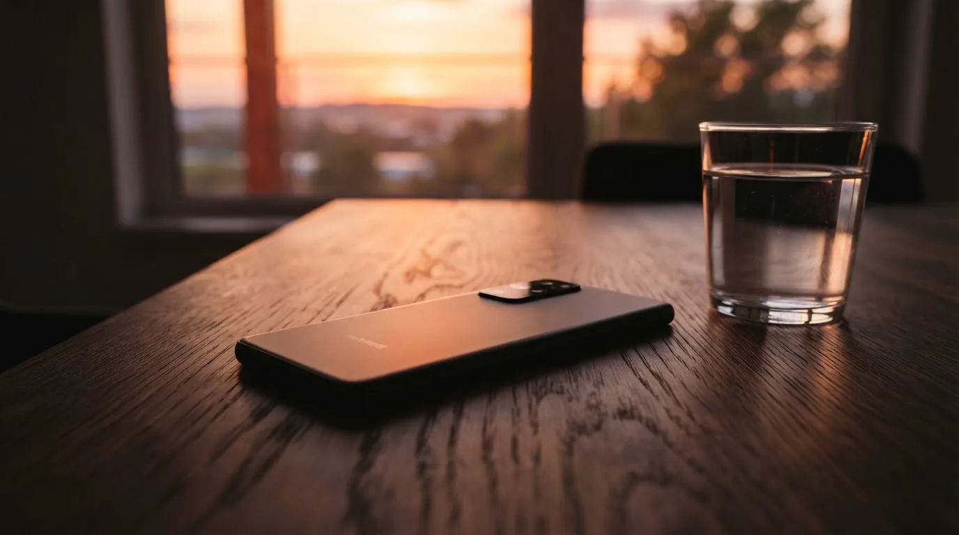 Ein Smartphone liegt mit dem Display nach unten auf einem Holztisch neben einem Glas Wasser, Abendlicht fällt durch ein Fenster.