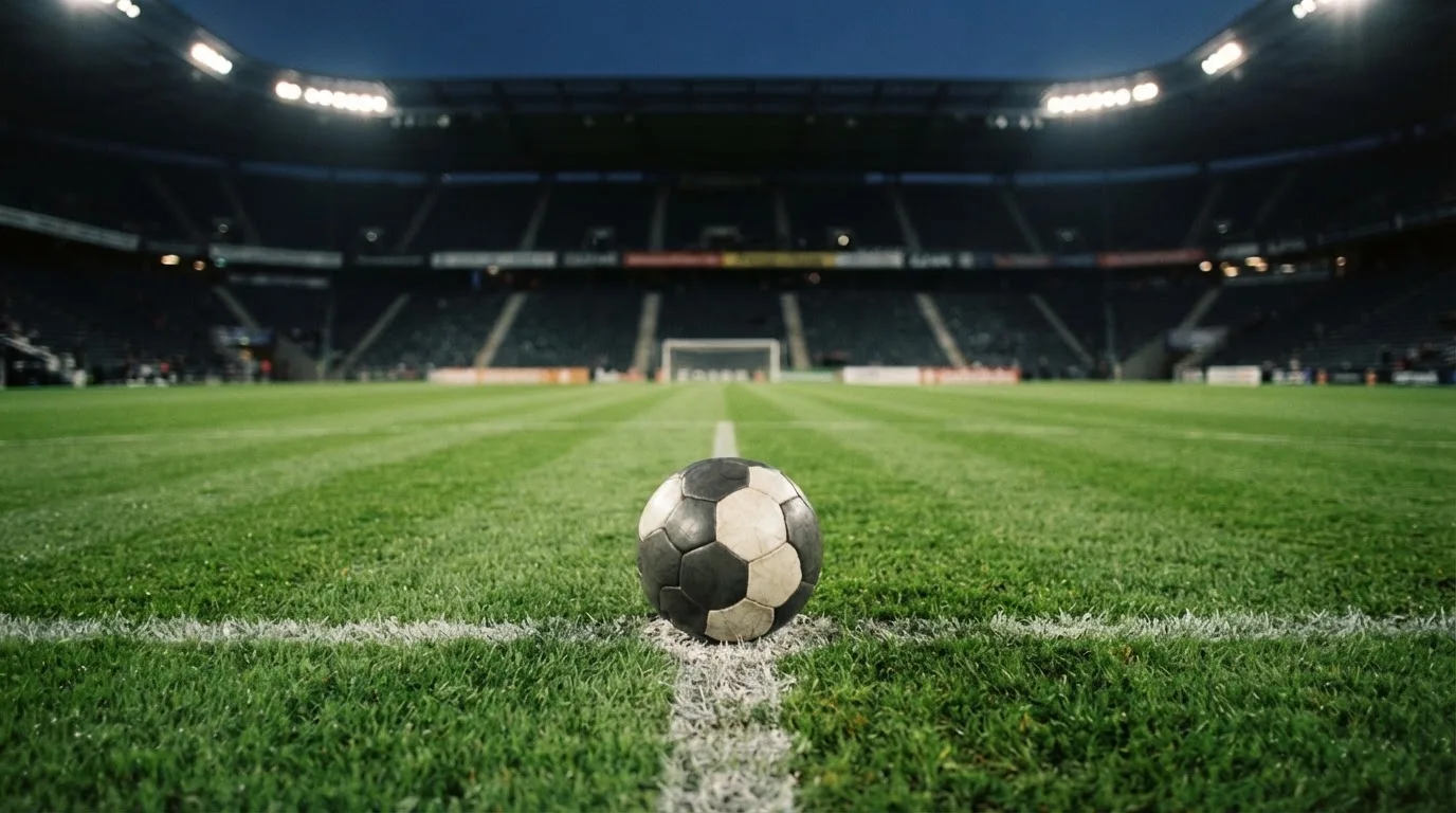 Ein Fußball liegt auf dem Anstoßpunkt eines leeren Rasenplatzes, dahinter ragen dunkle Ränge in den Abendhimmel.