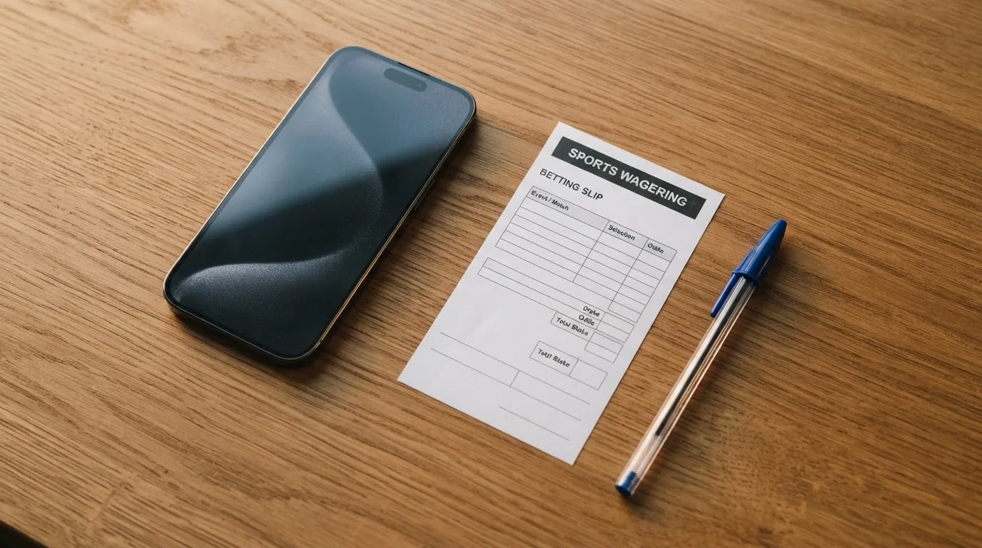 Ein Smartphone mit dunklem Display liegt neben einem leeren Papier-Wettschein und einem Stift auf einem Holztisch.