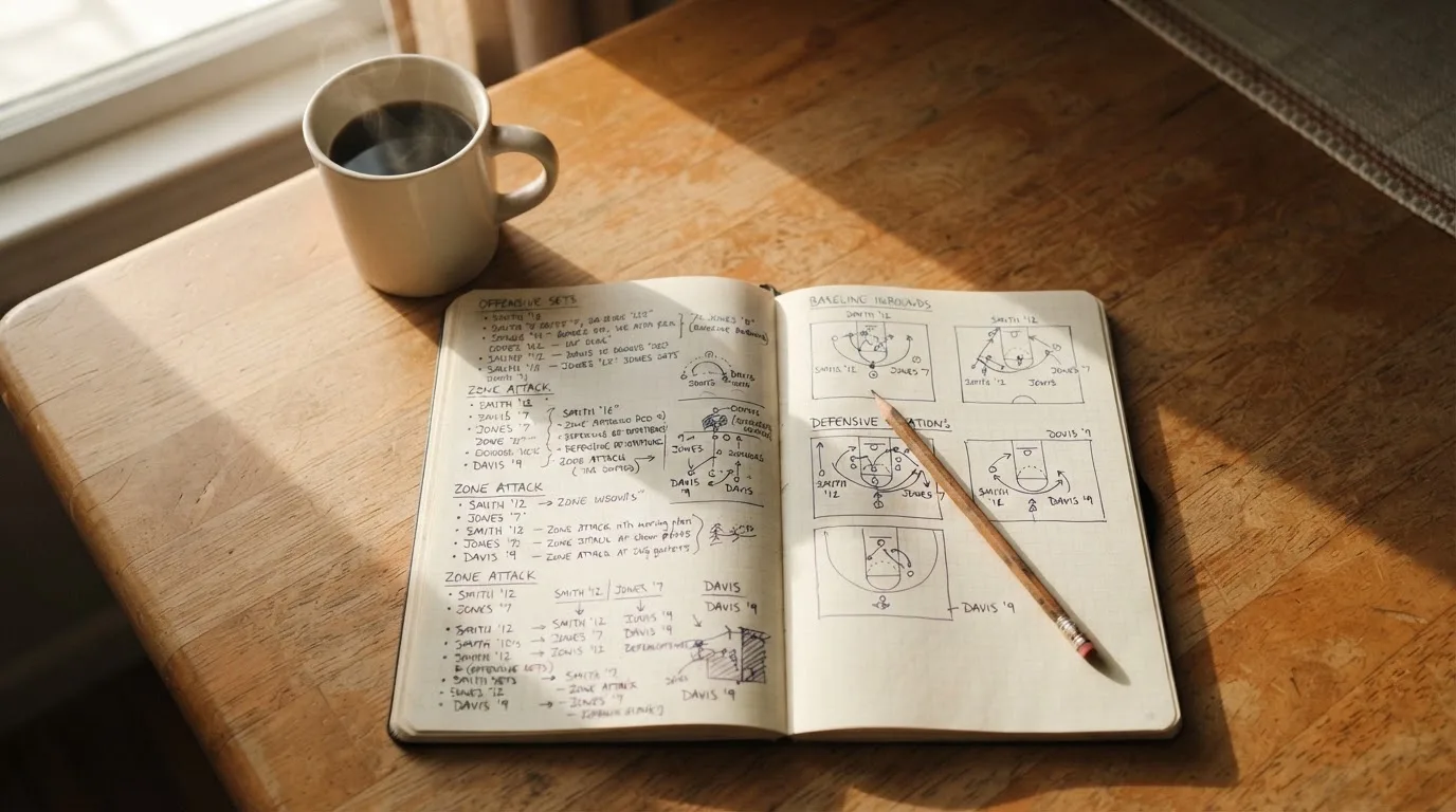 Ein Notizbuch mit handschriftlichen Notizen und einem Bleistift liegt auf einem Tisch, daneben steht eine Kaffeetasse im Morgenlicht.